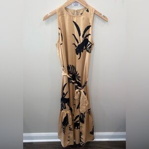 Ann Taylor Beige Black Printed Sleeveless Midi Dress Belt Attached Women’s Small